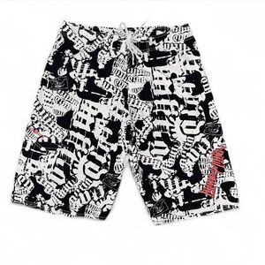 Y2k Vintage Liquid Militia black & white all over print board shorts.